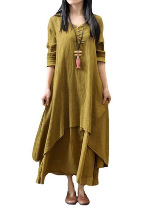 Elegant Faux Two-Piece Long Sleeve Linen Cotton Maxi Dress with V-Neck