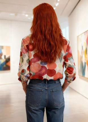 Chic Women's Floral Print Long Sleeve Blouse Top with Lapel Collar