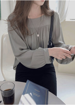 Chic Oversized Chiffon Blouse, Women's Square Neck Long Puff Sleeve Top