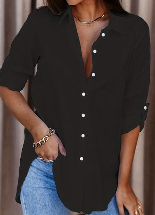 European Style Plus Size Loose Fit Minimalist Button-Front Long Sleeve Shirt