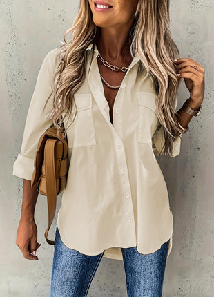 Women's Loose Fit Long-Sleeve Lapel Shirt with Pockets, European Style Blouse