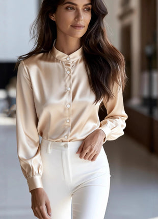 Elegant Women's Solid Color Stand-up Collar Long Sleeve Button-Up Commuter Shirt