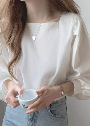 Retro Sexy French Style Square Neck Long-Sleeve Puff Sleeve Loose Fit Shirt