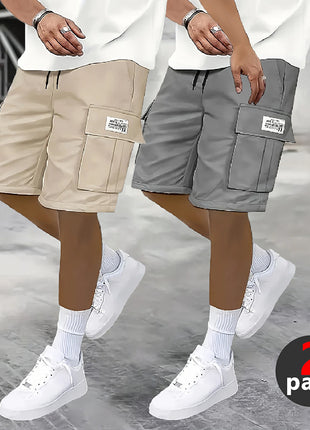 2-Piece Shorts Set European and American Casual Cargo Pants Plus Size Multi-Pocket Knee-Length Shorts Men's High-Waisted Straight-Leg Pants