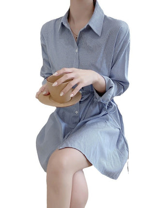 Chic Striped Polo Collar A-Line Long Sleeve Midi Shirt Dress for Women