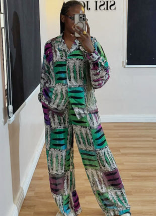 Chic European Style Women's Long-Sleeve Leisure Geometric Print Two-Piece Set