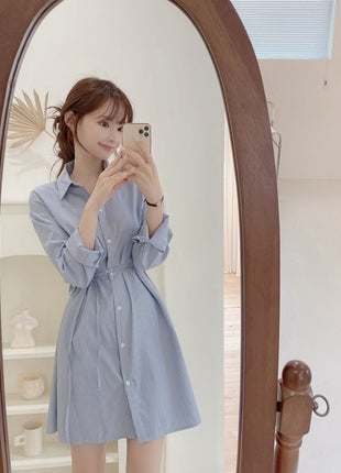 Chic Striped Polo Collar A-Line Long Sleeve Midi Shirt Dress for Women