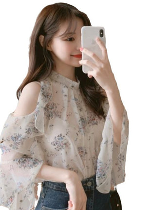 Women's Floral Chiffon Off-Shoulder Blouse with Elegant Bell Sleeves