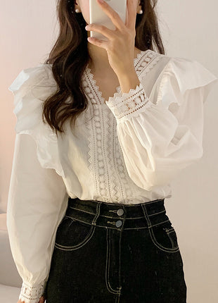 Elegant Korean-French Chic V-Neck Lace Puff Sleeve Loose Polyester Blouse Shirt