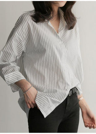 Stylish Blue Striped Loose Fit Long Sleeve Button-Down Shirt for Women