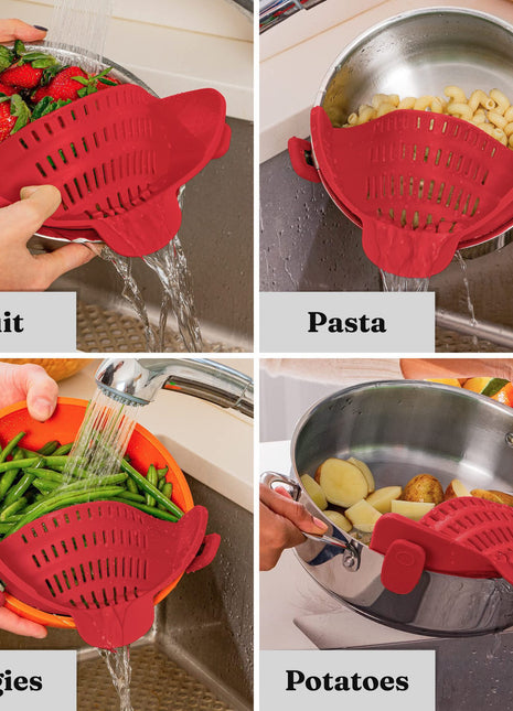 Flexible Silicone Clip-On Kitchen Strainer for Pasta, Vegetables & Fruits