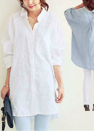 Oversize Cotton Linen Long Shirt Dress with Polo Collar & Pockets