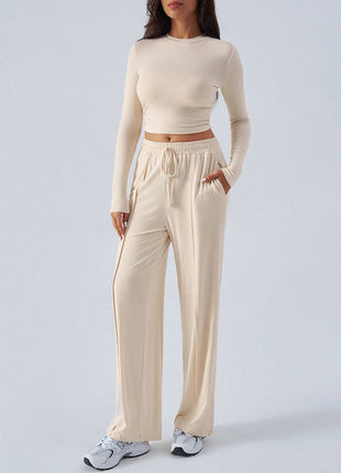 Women's Autumn Loose Fit Long Sleeve Top & Wide-Leg Trousers Set