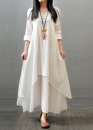 Elegant Faux Two-Piece Long Sleeve Linen Cotton Maxi Dress with V-Neck