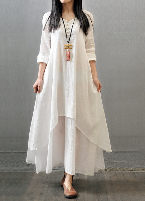 Elegant Faux Two-Piece Long Sleeve Linen Cotton Maxi Dress with V-Neck