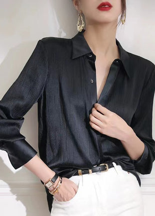 Elegant Women's Loose Fit Long-Sleeve Polyester Lapel Collar Single-Breasted Blouse
