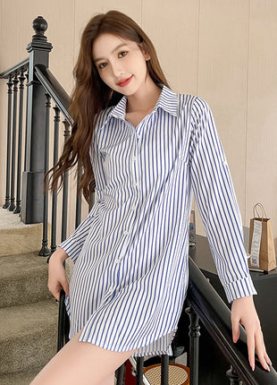 Korean Style Striped Asymmetric Long Sleeve Loose Fit Women's Shirt Jacket