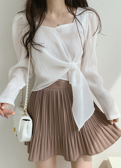 Elegant Square Neck Long Sleeve Blouse with Belt – Chic Autumn Top