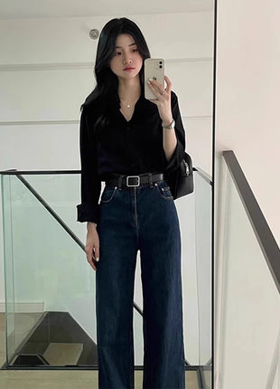 Elegant French Style Black Long-Sleeve Shirt for Women - Chic Commuter Sun Protection Top