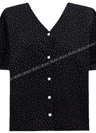 Chic Polka Dot V-Neck Chiffon Blouse Elegant Short Sleeve Retro Top