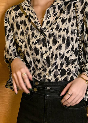 Retro Leopard Print Loose Fit Polyester Long-Sleeve Polo Collar Women's Blouse Shirt
