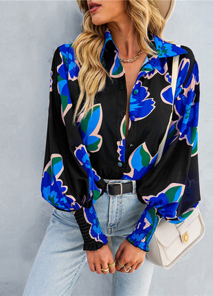 Elegant Women's Spring Floral Print Lantern Sleeve Polo Collar Loose Blouse