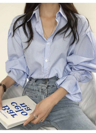 Korean Inspired Striped Lantern Sleeve Loose Fit Polyester Blouse Shirt