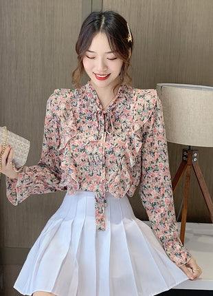 Spring Fashionable Chiffon Long-Sleeve Bow Blouse, Korean Western Style