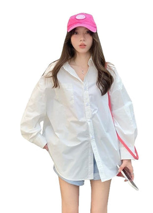 Chic Korean Style White Oversized Long-Sleeve Shirt for Modern Women