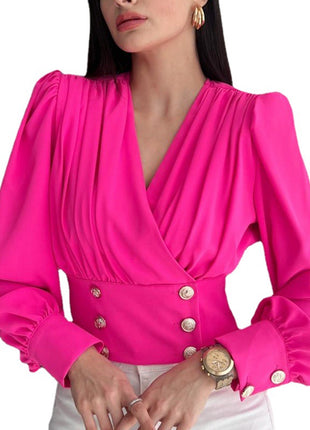 Chic European V-Neck Crop Top Blouse with Puff Long Sleeves & Waist Detail