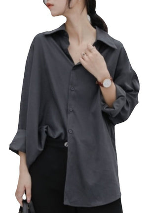 Stylish Oversized Retro Long-Sleeve Button-Up Shirt for Women, Polyester Fall Comfort