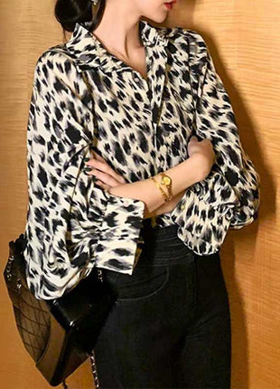 Chic Leopard Print Chiffon Blouse - Loose Fit, Lantern Sleeves, Women's Fashion Top
