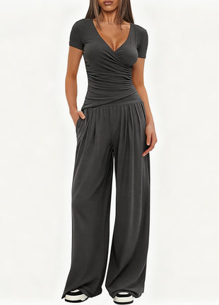 Women's Cozy Wide-Leg Pants & Long/Short Sleeve Top Lounge Set