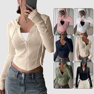 Demi-season Knitted Full-Zip Hoodie Cardigan, Slim Fit European Style for Women