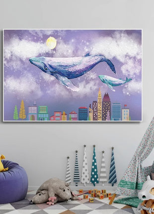 2D Flat, 1pc Large Modern Minimalist Whale Wall Art - Ocean Painting with Whale,  Framed Canvas Print in Sky Blue, for Living Room, Bedroom, Office Decor - Easy Hang Marine Life Poster Sea Decor, Home Decoration