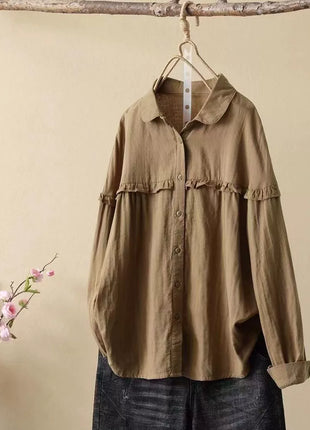 Women's Loose Fit Cotton Ruffle Long Sleeve Polo Collar Shirt