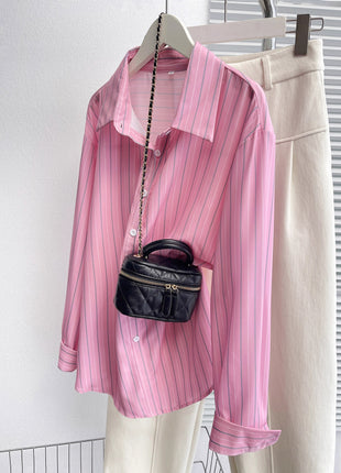 Chic European City Style Striped Oversized Long-Sleeve Casual Polyester Shirt