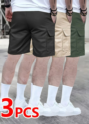 3-Piece Summer Casual Shorts Men's Loose Cargo Pants Solid Color Set Men's Retro Workwear