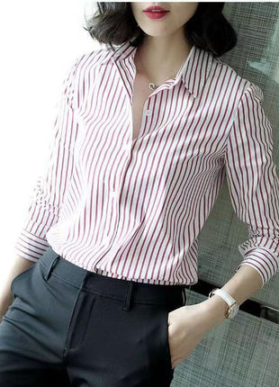 Chic Women's Striped Polo Collar Long-Sleeve Polyester Slim Fit Blouse