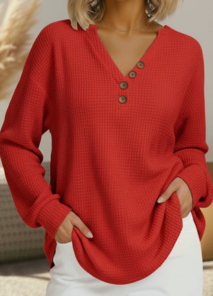 Women's Demi-Season Waffle Knit V-Neck Button Long-Sleeve Leisure Sweatshirt Top