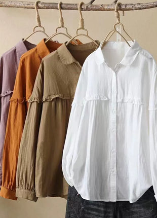 Women's Loose Fit Cotton Ruffle Long Sleeve Polo Collar Shirt