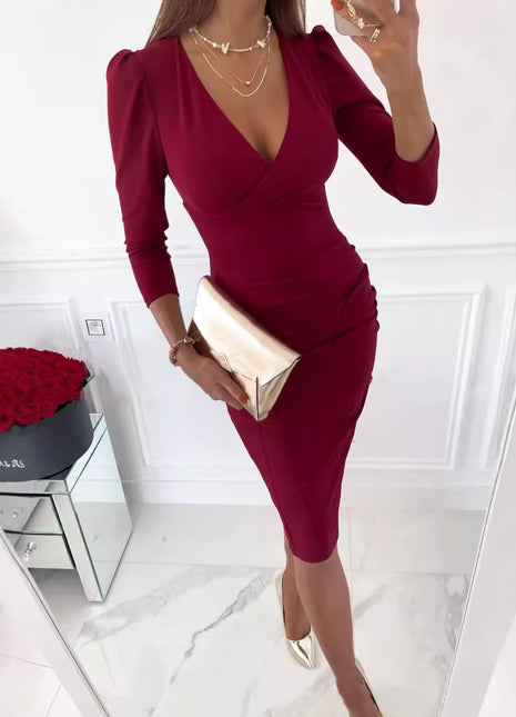 Demi-Season Sexy Fashionable V-Neck Slimming Waist Dress for Women