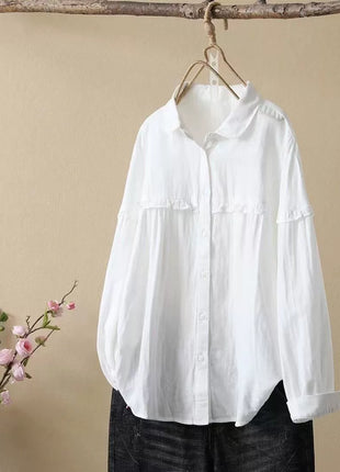Women's Loose Fit Cotton Ruffle Long Sleeve Polo Collar Shirt