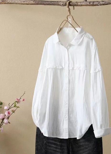 Women's Loose Fit Cotton Ruffle Long Sleeve Polo Collar Shirt