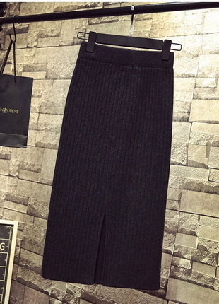 Fitted Long Knitted Woolen Midi Skirt, High Waist, Hip-Accented, Thickened