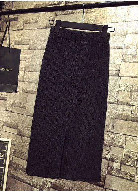 Fitted Long Knitted Woolen Midi Skirt, High Waist, Hip-Accented, Thickened