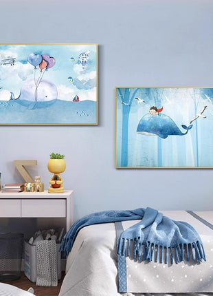 2D Flat, 1pc Large Modern Minimalist Whale Wall Art - Ocean Painting with Whale,  Framed Canvas Print in Sky Blue, for Living Room, Bedroom, Office Decor - Easy Hang Marine Life Poster Sea Decor, Home Decoration