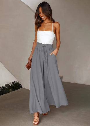 Plus Size Loose Fit Flared Trousers, European Style Elastic Waist Leisure Pants