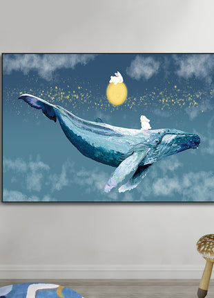 2D Flat, 1pc Large Modern Minimalist Whale Wall Art - Ocean Painting with Whale,  Framed Canvas Print in Sky Blue, for Living Room, Bedroom, Office Decor - Easy Hang Marine Life Poster Sea Decor, Home Decoration