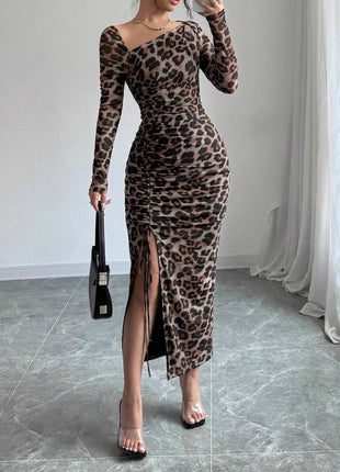 Chic Leopard Print Bodycon Dress, Long Sleeve, High Waist, Split Hem